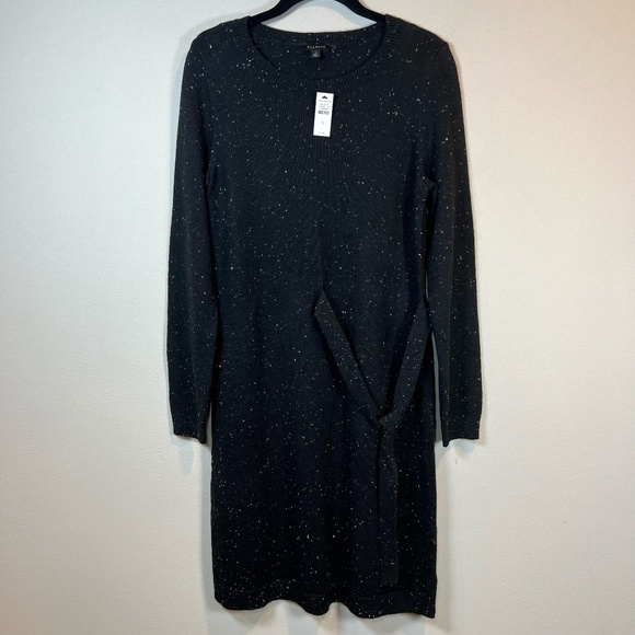 Talbots Womens Tweed Side Tie Sweater Dress Black Knit Long Sleeve Stretch Small - Picture 1 of 13